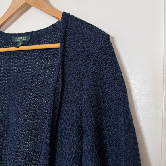 Lauren Ralph Lauren Open Cardigan Women Sz M Navy Knit V Neck Cropped 100% Linen - Picture 3 of 10